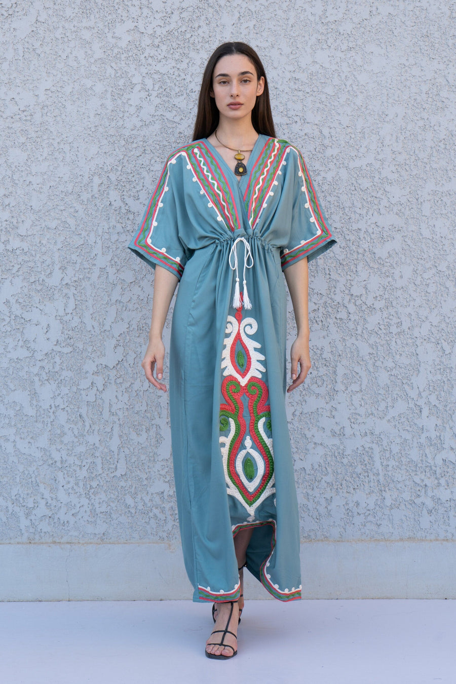 Teal Hand Embroidered kaftan dress, cotton Kaftan dress, embroidered kaftan, women kaftans, caftans for women, caftans, summer kaftans