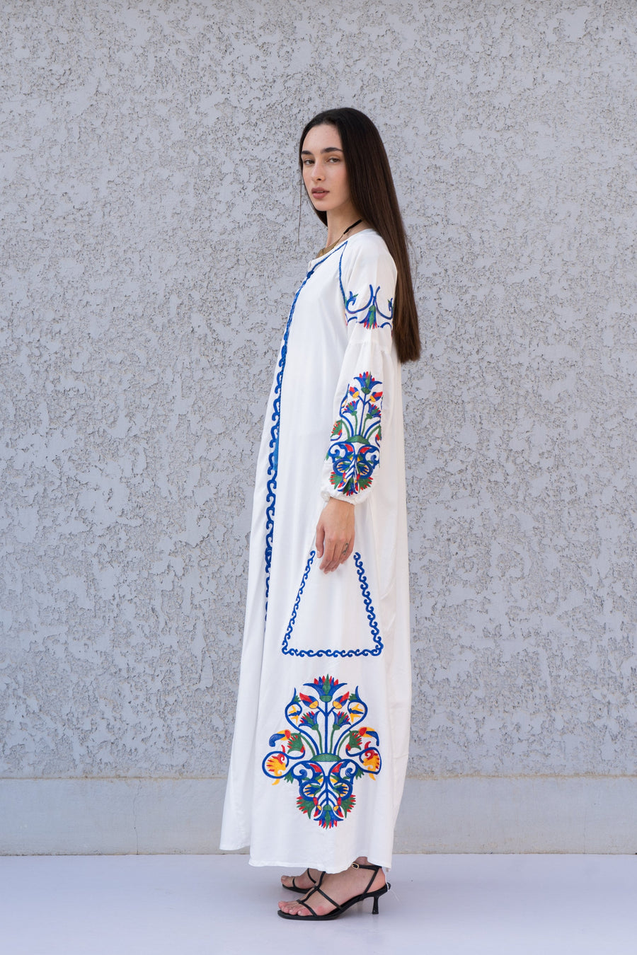 Boho white summer Kaftan, Long sleeve cotton Kaftan dress, Colorful embroidered Kaftan dress, kaftan maxi dress, Caftans for women, Caftans