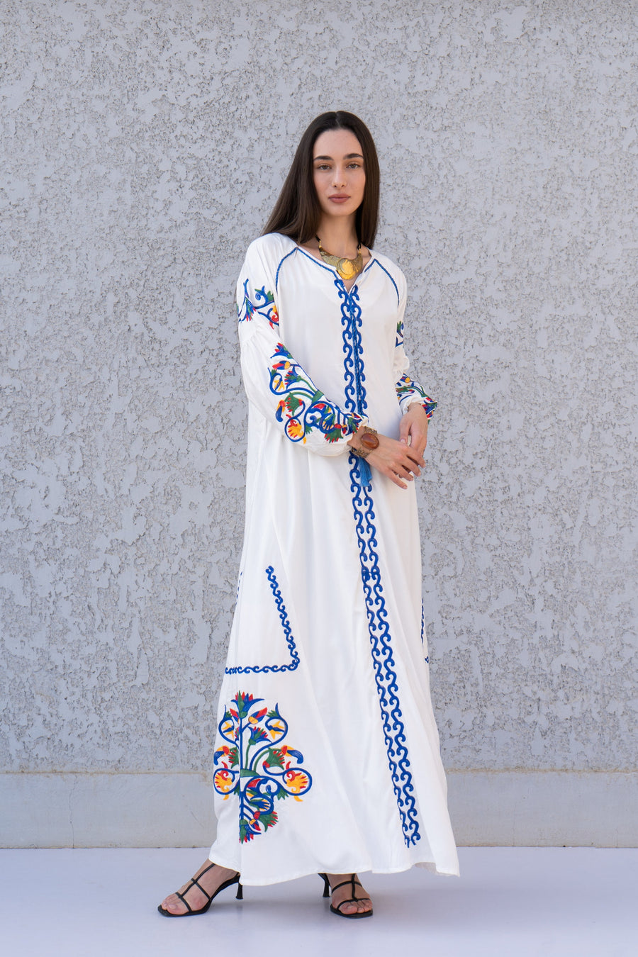 Boho white summer Kaftan, Long sleeve cotton Kaftan dress, Colorful embroidered Kaftan dress, kaftan maxi dress, Caftans for women, Caftans