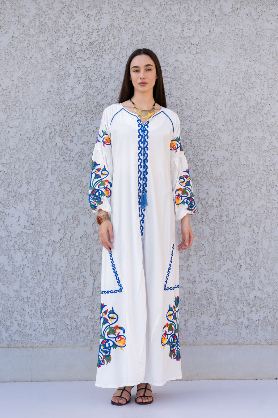 Boho white summer Kaftan, Long sleeve cotton Kaftan dress, Colorful embroidered Kaftan dress, kaftan maxi dress, Caftans for women, Caftans