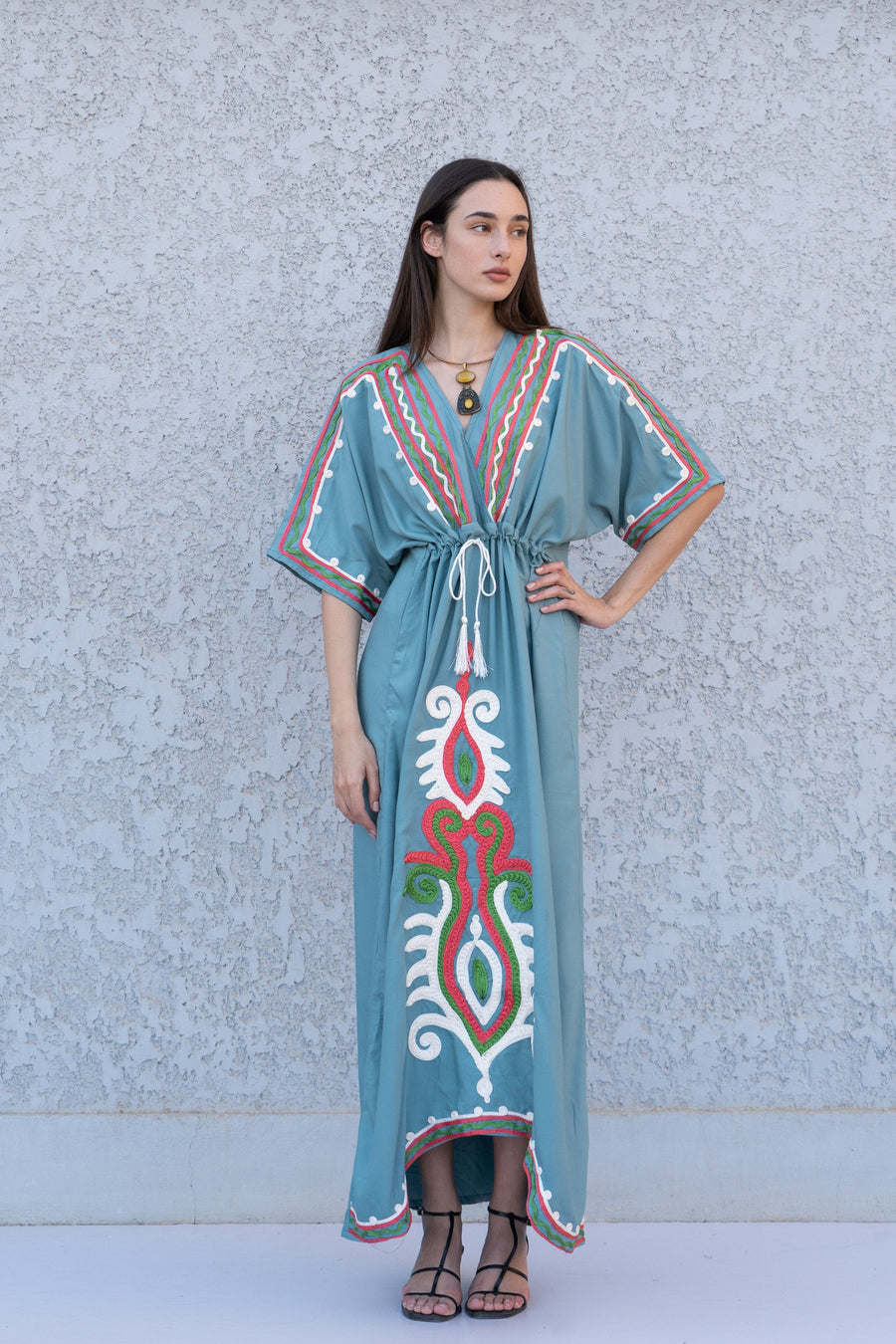 Teal Hand Embroidered kaftan dress, cotton Kaftan dress, embroidered kaftan, women kaftans, caftans for women, caftans, summer kaftans